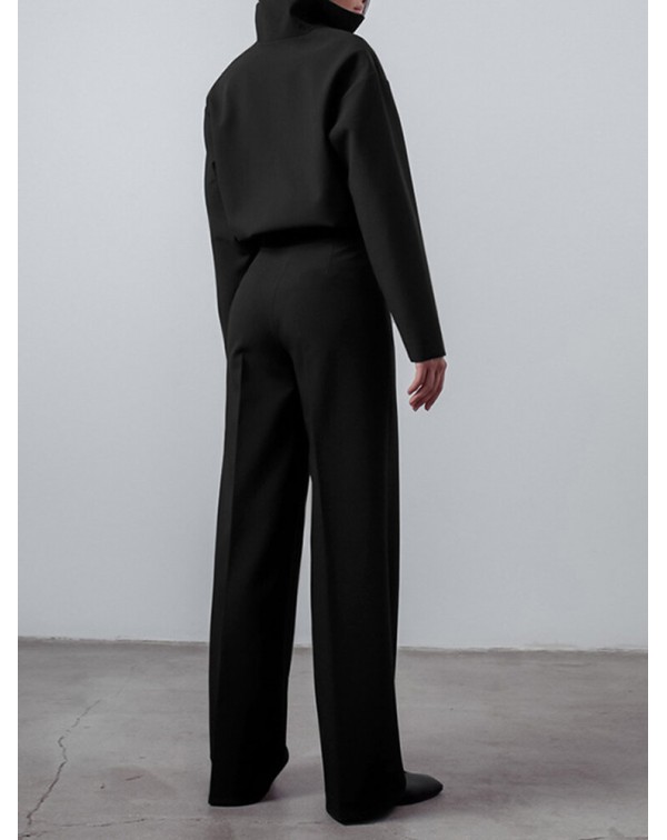 Solid Zip Front Hasp Long Sleeve Lapel Two Pieces ...