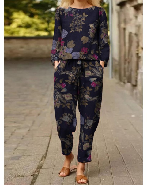 Plants Print Pocket Long Sleeve Elastic Waist Two Pieces Set - Red 3XL