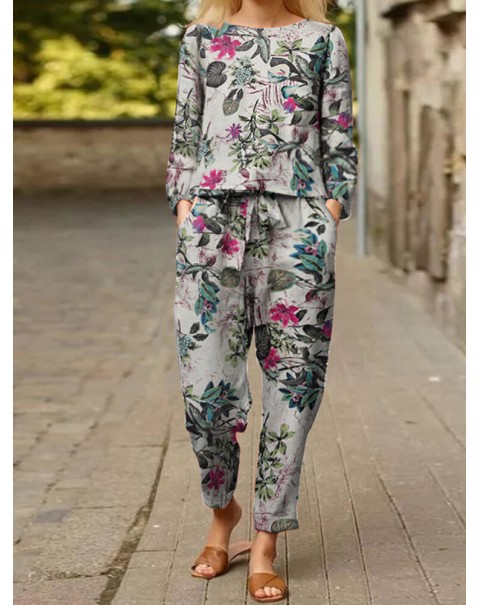Plants Print Pocket Long Sleeve Elastic Waist Two Pieces Set - Red 3XL