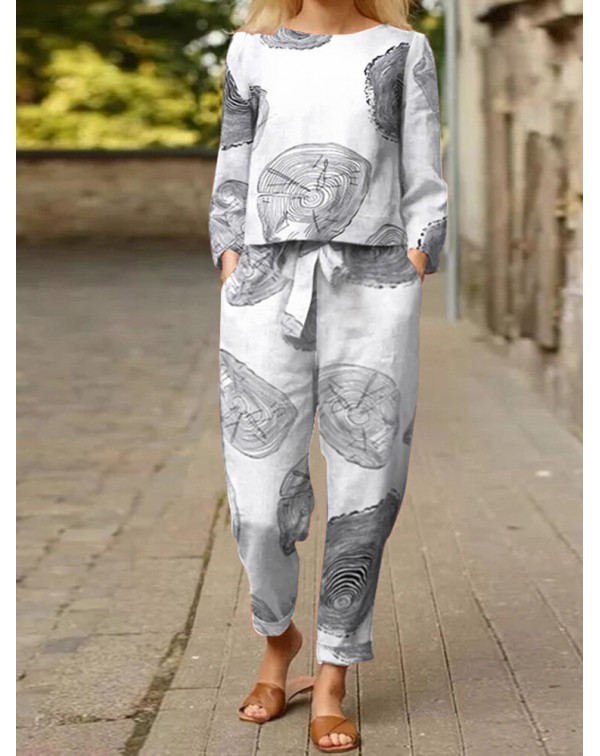 Vintage Print Tie Elastic Waist Pocket Long Sleeve...