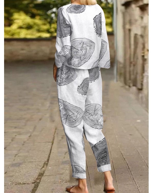 Vintage Print Tie Elastic Waist Pocket Long Sleeve...