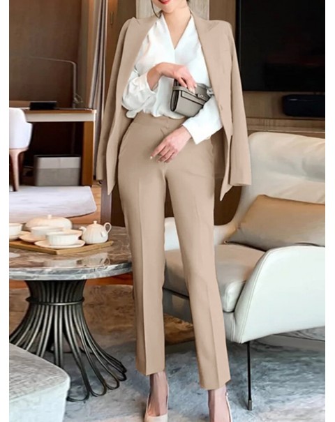 Solid Long Sleeve Lapel Two Pieces Suit For Women - Black S