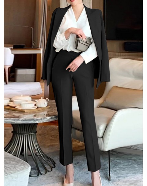 Solid Long Sleeve Lapel Two Pieces Suit For Women - Black S