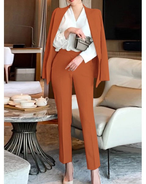 Solid Long Sleeve Lapel Two Pieces Suit For Women - Black S