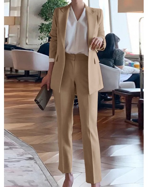 Solid Long Sleeve Lapel Two Pieces Suit For Women - Black S