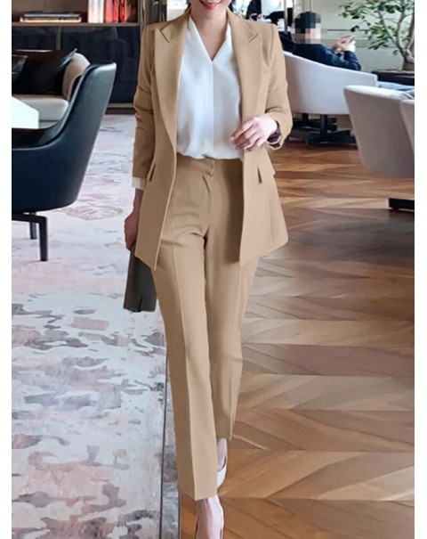 Solid Long Sleeve Lapel Two Pieces Suit For Women - Black S