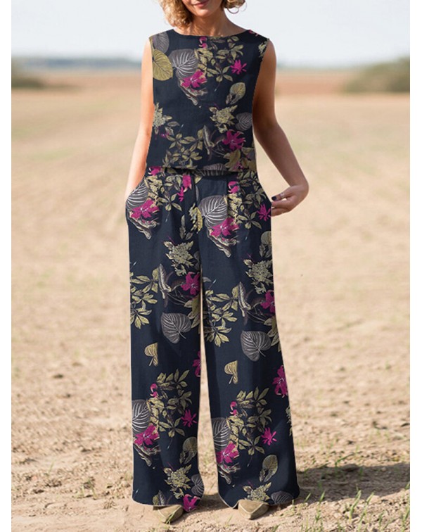 Plant Print Pocket Sleeveless Wide Leg Casual Cott...