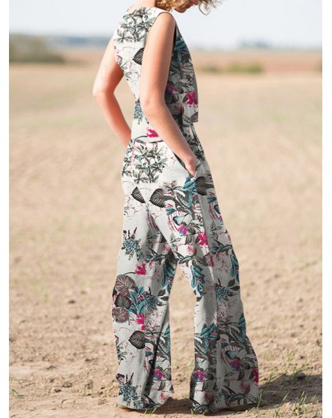 Plant Print Pocket Sleeveless Wide Leg Casual Cotton Suit - Yellow 5XL