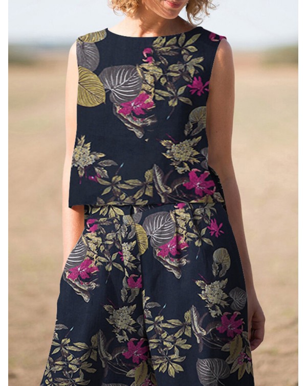 Plant Print Pocket Sleeveless Wide Leg Casual Cott...