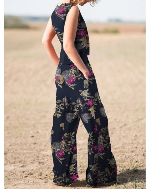 Plant Print Pocket Sleeveless Wide Leg Casual Cotton Suit - Yellow 5XL