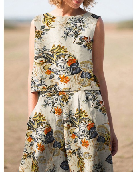 Plant Print Pocket Sleeveless Wide Leg Casual Cotton Suit - Yellow 5XL