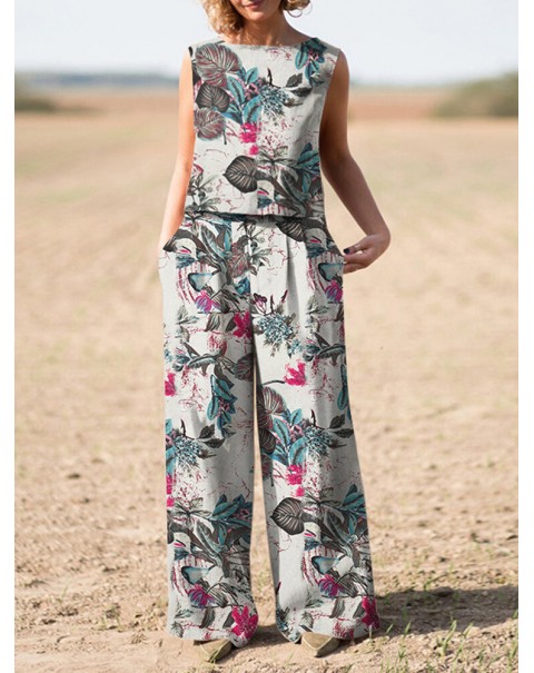 Plant Print Pocket Sleeveless Wide Leg Casual Cotton Suit - Yellow 5XL