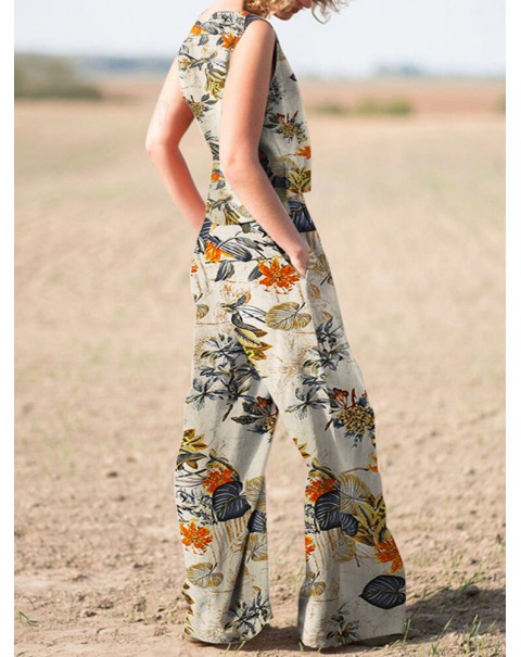 Plant Print Pocket Sleeveless Wide Leg Casual Cotton Suit - Yellow 5XL