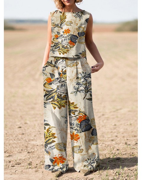 Plant Print Pocket Sleeveless Wide Leg Casual Cotton Suit - Yellow 5XL