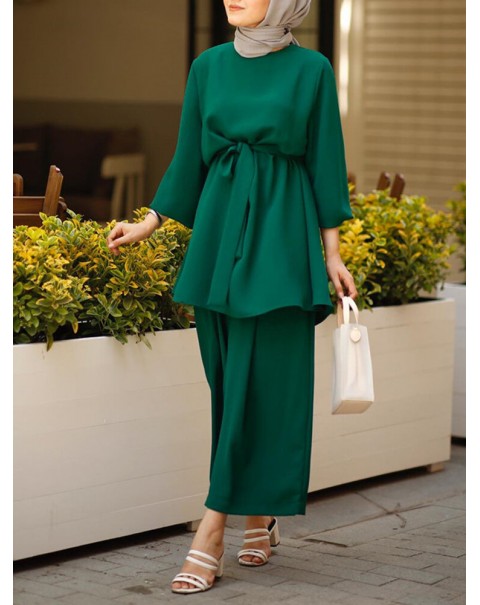 Women Solid Color Long Sleeve Sashes Tops Wide Leg Pants Ethnic Style Two Piece Set - White XL