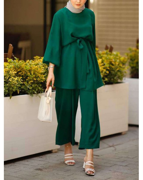Women Solid Color Long Sleeve Sashes Tops Wide Leg Pants Ethnic Style Two Piece Set - White XL