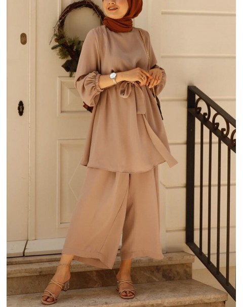 Women Solid Color Long Sleeve Sashes Tops Wide Leg Pants Ethnic Style Two Piece Set - White XL