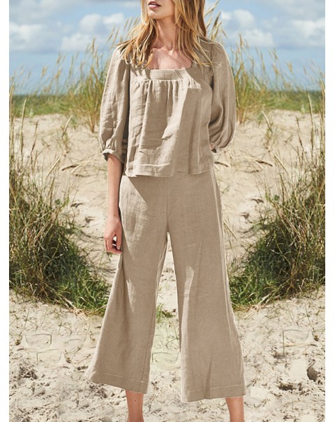 Leisure Solid Pocket Square Collar Ruched Elastic Waist Cotton Suit - Beige S