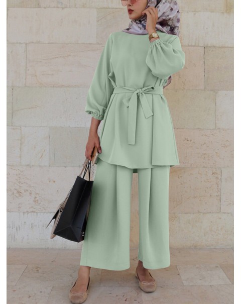 Women Solid Color Long Sleeve Sashes Tops Wide Leg Pants Ethnic Style Two Piece Set - White XL