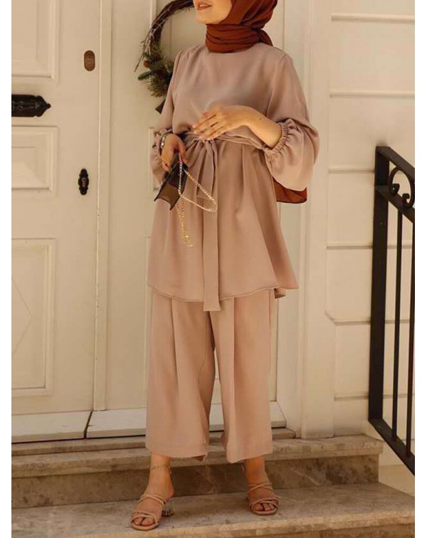 Women Solid Color Long Sleeve Sashes Tops Wide Leg...
