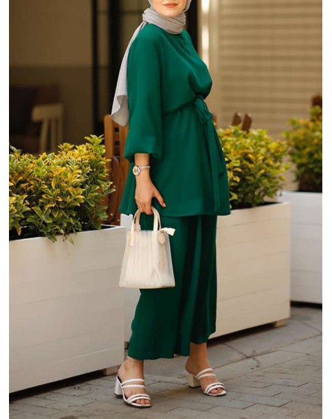 Women Solid Color Long Sleeve Sashes Tops Wide Leg Pants Ethnic Style Two Piece Set - White XL
