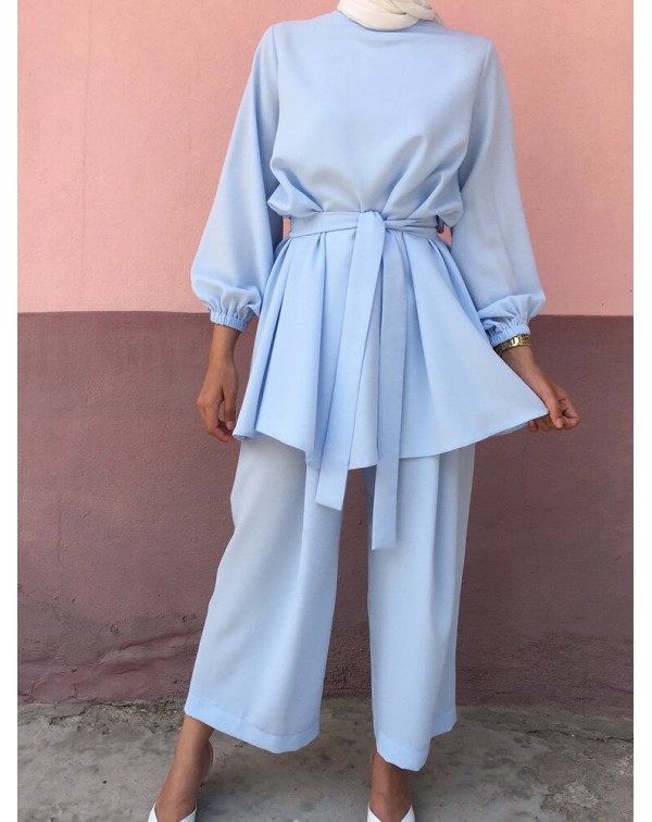Women Solid Color Long Sleeve Sashes Tops Wide Leg...