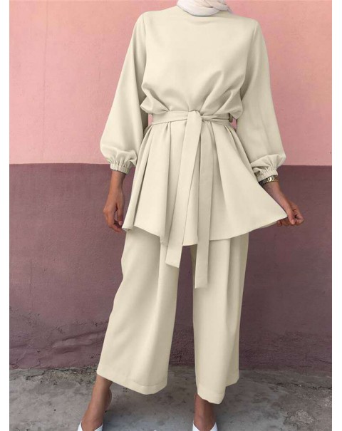 Women Solid Color Long Sleeve Sashes Tops Wide Leg Pants Ethnic Style Two Piece Set - White XL