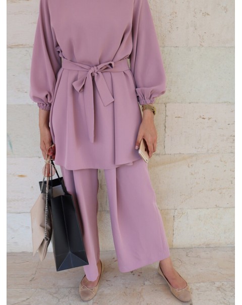 Women Solid Color Long Sleeve Sashes Tops Wide Leg Pants Ethnic Style Two Piece Set - White XL