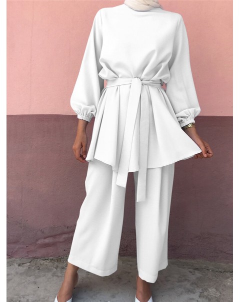 Women Solid Color Long Sleeve Sashes Tops Wide Leg Pants Ethnic Style Two Piece Set - White XL