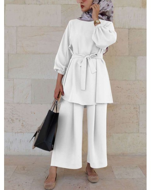 Women Solid Color Long Sleeve Sashes Tops Wide Leg Pants Ethnic Style Two Piece Set - White XL