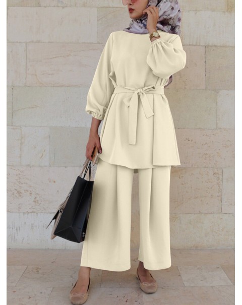 Women Solid Color Long Sleeve Sashes Tops Wide Leg Pants Ethnic Style Two Piece Set - White XL