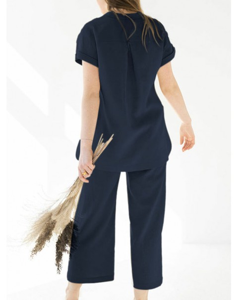 Leisure Solid Split Elastic Waist Short Sleeve Cotton Suit - Navy S