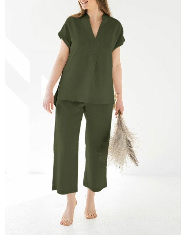 Leisure Solid Split Elastic Waist Short Sleeve Cot...
