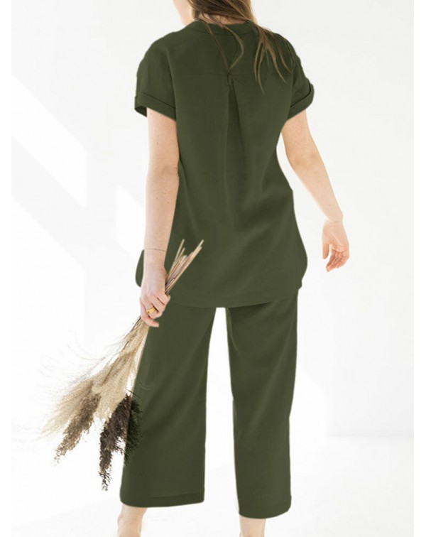 Leisure Solid Split Elastic Waist Short Sleeve Cot...