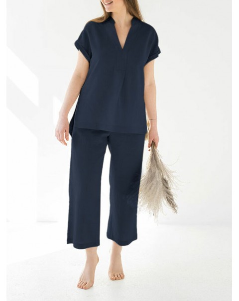 Leisure Solid Split Elastic Waist Short Sleeve Cotton Suit - Navy S