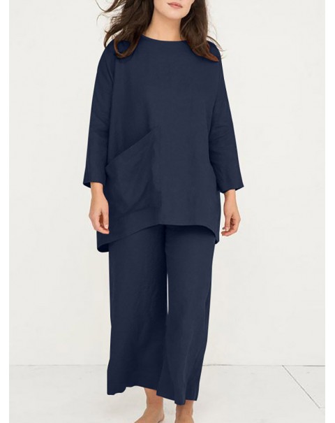 Solid Pocket Long Sleeve Wide Leg Two Pieces Suit - Dark Blue S