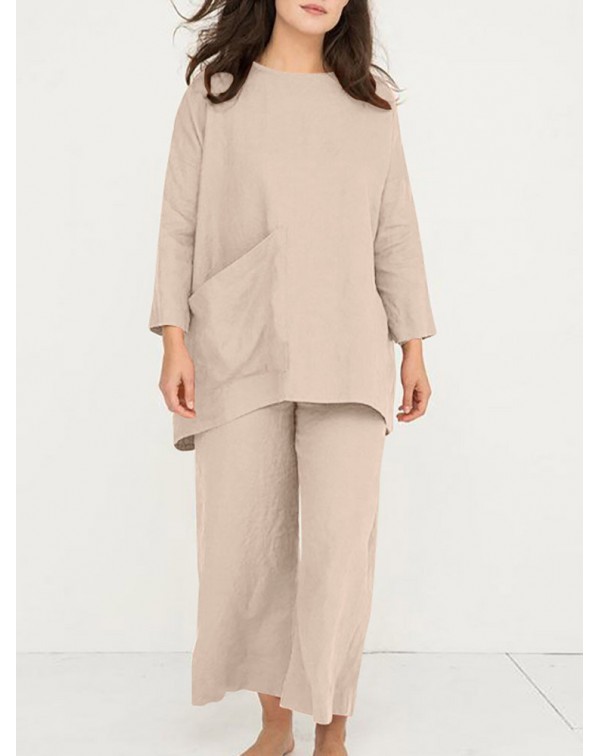 Solid Pocket Long Sleeve Wide Leg Two Pieces Suit ...