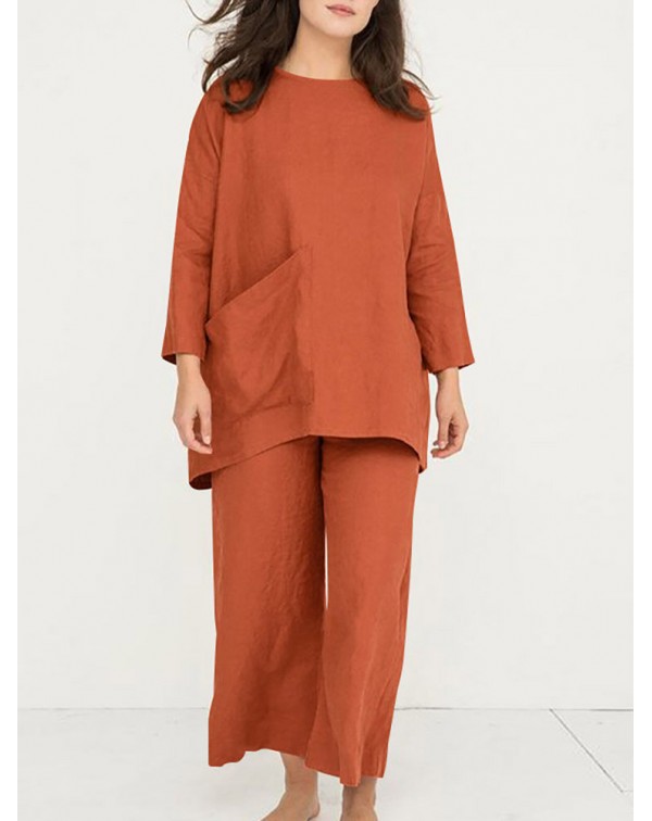 Solid Pocket Long Sleeve Wide Leg Two Pieces Suit ...