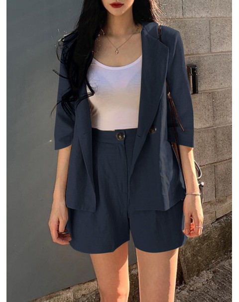 Solid 3/4 Sleeve Lapel Elastic Waist Two Pieces Suit - Navy S