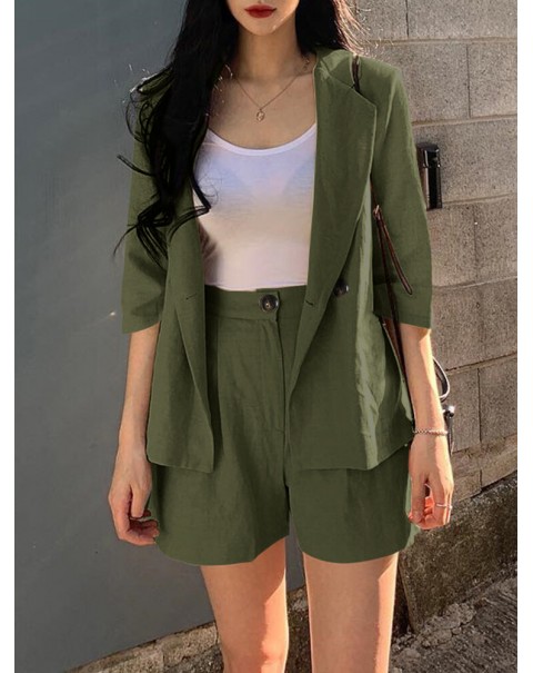 Solid 3/4 Sleeve Lapel Elastic Waist Two Pieces Suit - Navy S