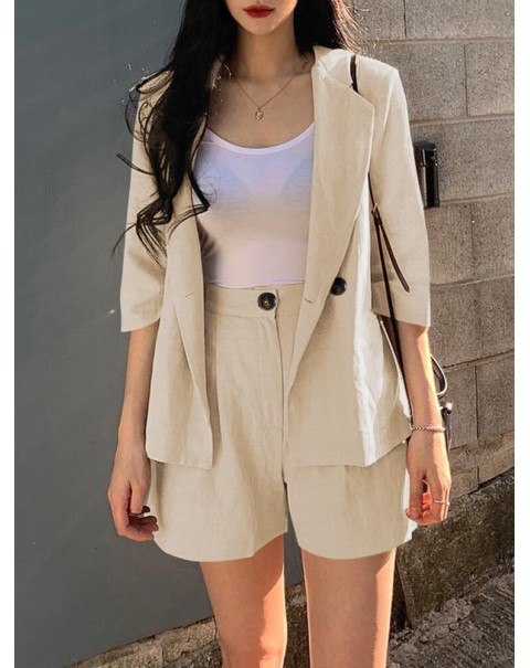 Solid 3/4 Sleeve Lapel Elastic Waist Two Pieces Suit - Navy S