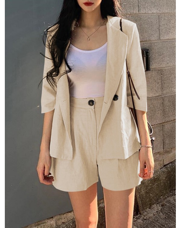 Solid 3/4 Sleeve Lapel Elastic Waist Two Pieces Su...