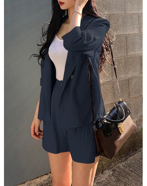 Solid 3/4 Sleeve Lapel Elastic Waist Two Pieces Suit - Navy S