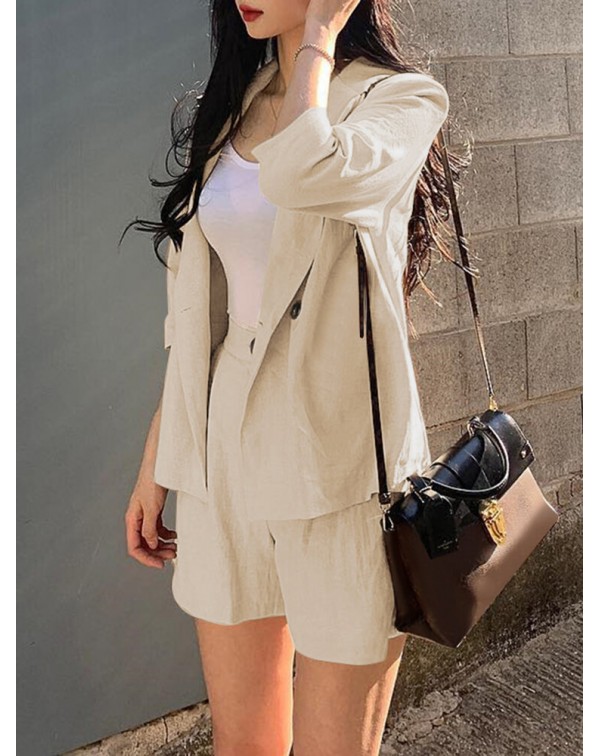 Solid 3/4 Sleeve Lapel Elastic Waist Two Pieces Su...