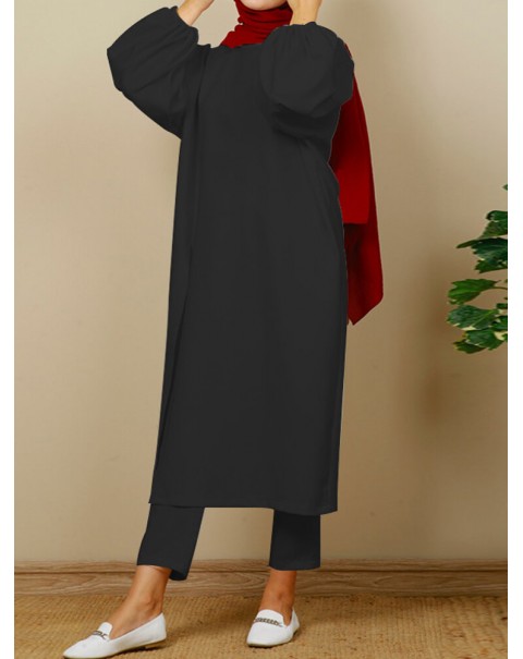 Women Abaya KaftanCasual Solid Sun Proof Outer Wear Split Side Top and Pants Suits - Black S