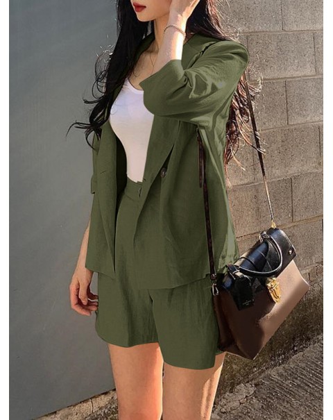 Solid 3/4 Sleeve Lapel Elastic Waist Two Pieces Suit - Navy S