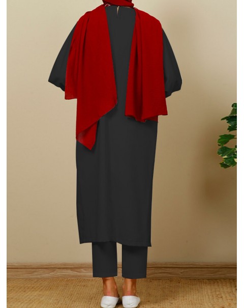 Women Abaya KaftanCasual Solid Sun Proof Outer Wear Split Side Top and Pants Suits - Black S