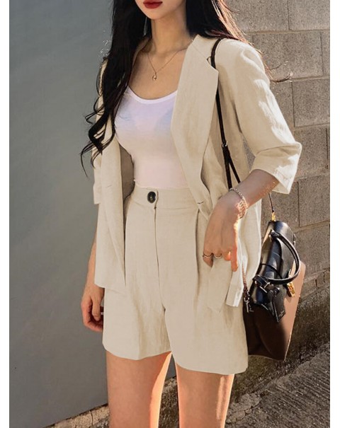 Solid 3/4 Sleeve Lapel Elastic Waist Two Pieces Suit - Navy S