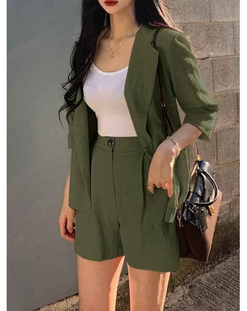 Solid 3/4 Sleeve Lapel Elastic Waist Two Pieces Suit - Navy S