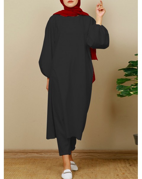 Women Abaya KaftanCasual Solid Sun Proof Outer Wear Split Side Top and Pants Suits - Black S